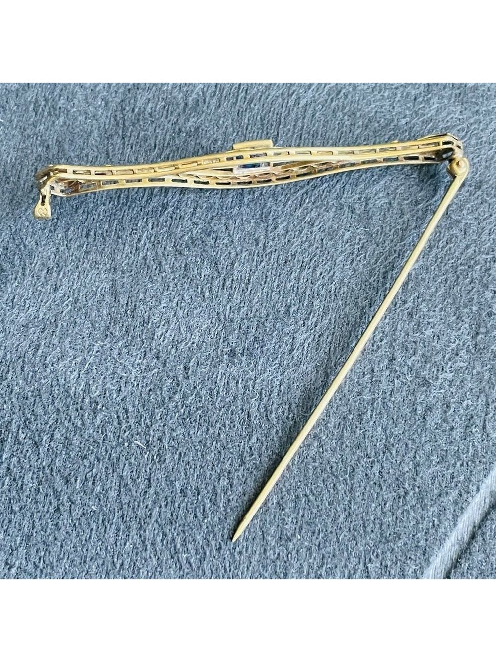Edwardian 14k Signed Solid Gold & Lab Sapphire Vintage Filigree Floral Brooch - Picture 3 of 8
